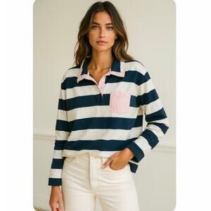 Crown & Ivy 100% Cotton Oversized Preppy Coastal Stripe Polo Shirt Medium